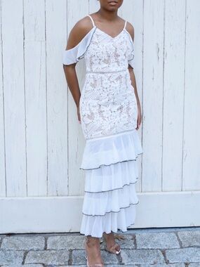 White Lace Cold-Shoulder Ruffle Maxi Dress